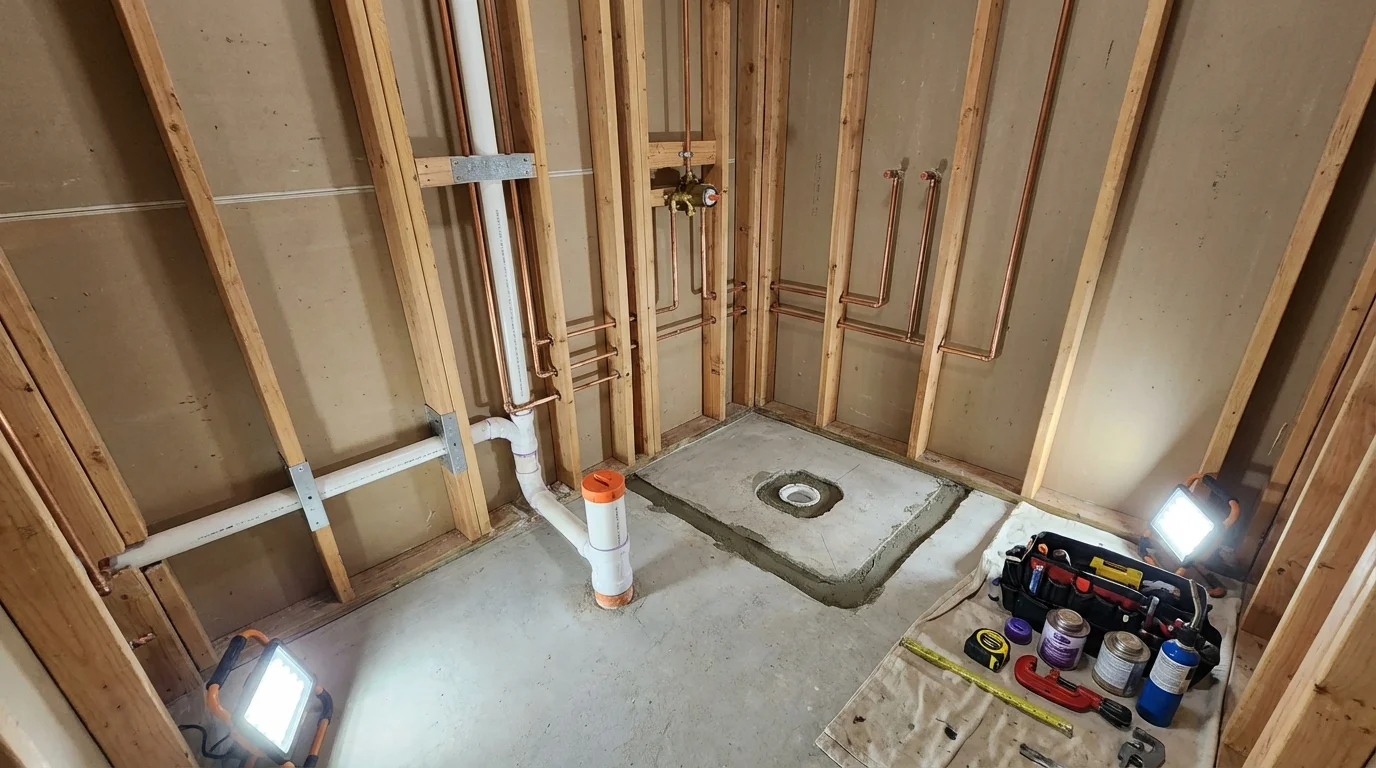 Bathroom rough-in plumbing during remodel by Johns Plumbing LLC in Leesport