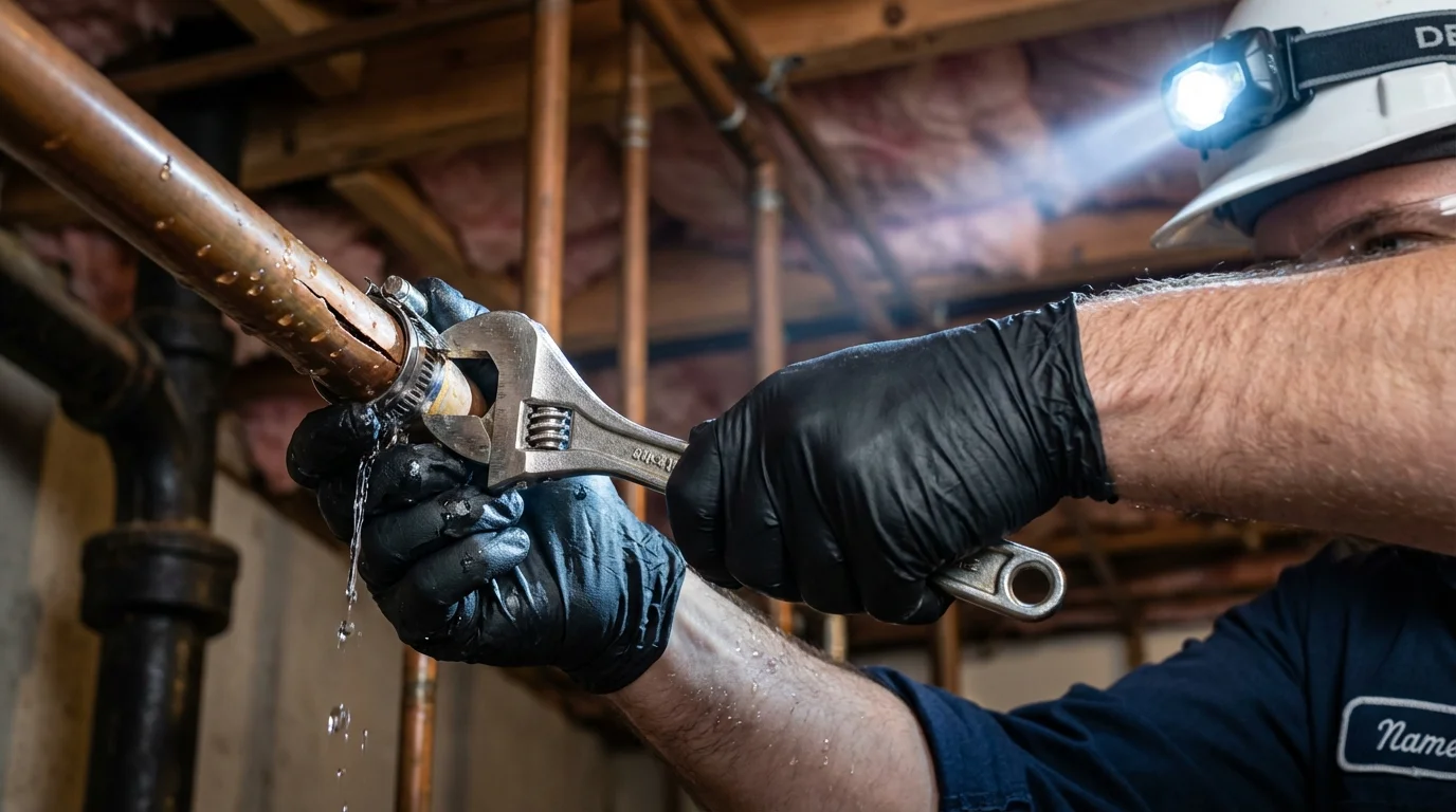 Emergency pipe clamp repair being performed by a Johns Plumbing LLC plumber in Leesport