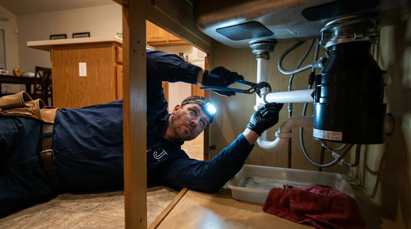 P-trap and supply line connections under a kitchen sink showing a common leak point in Leesport, PA